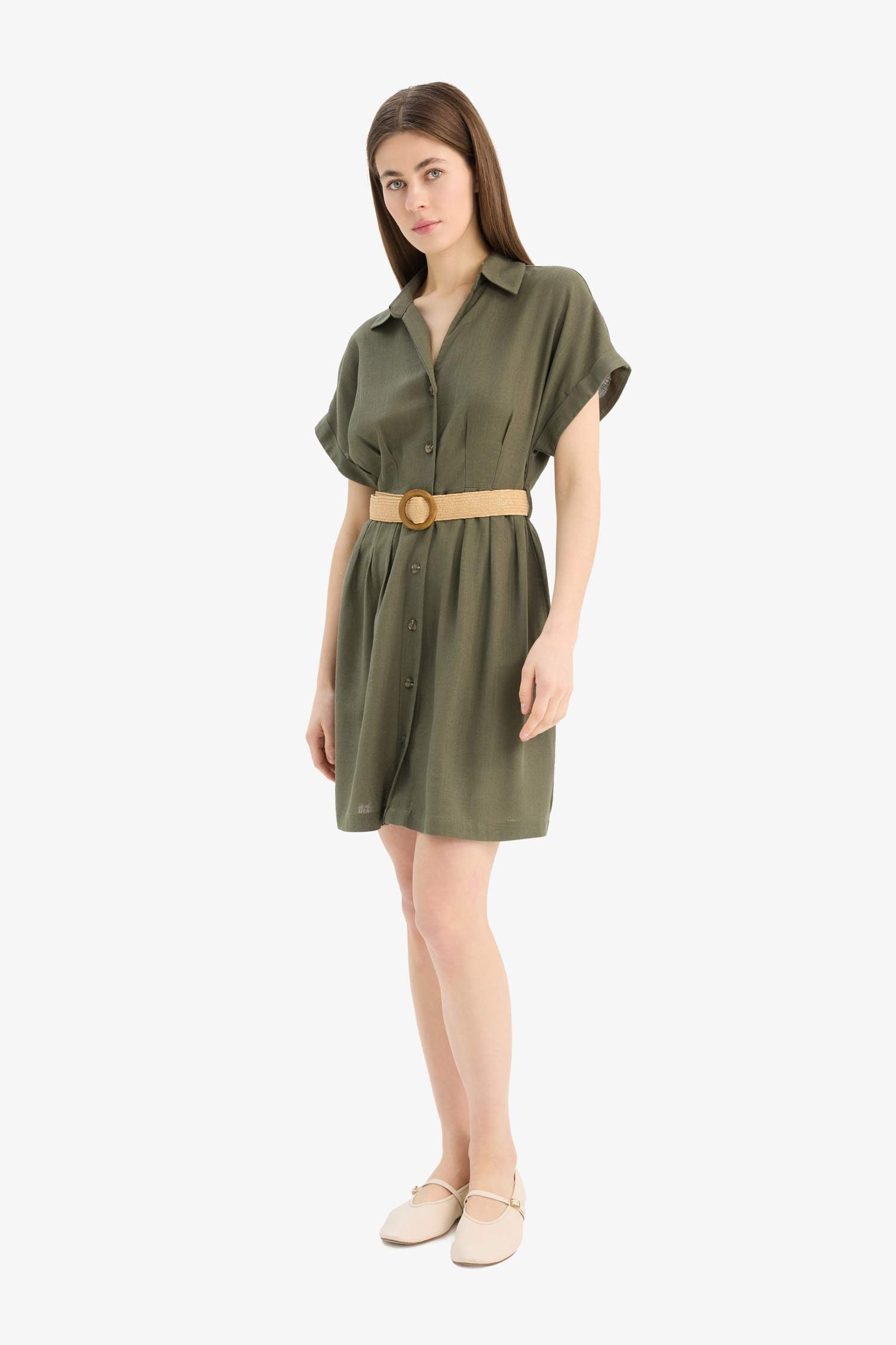Shirt Collar Belted Linen Blend Mini Dress