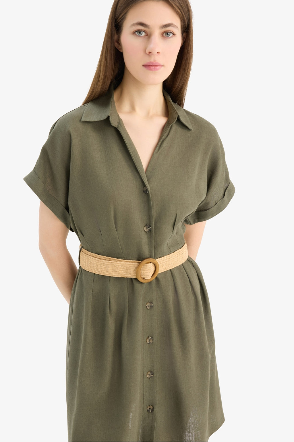 Shirt Collar Belted Linen Blend Mini Dress