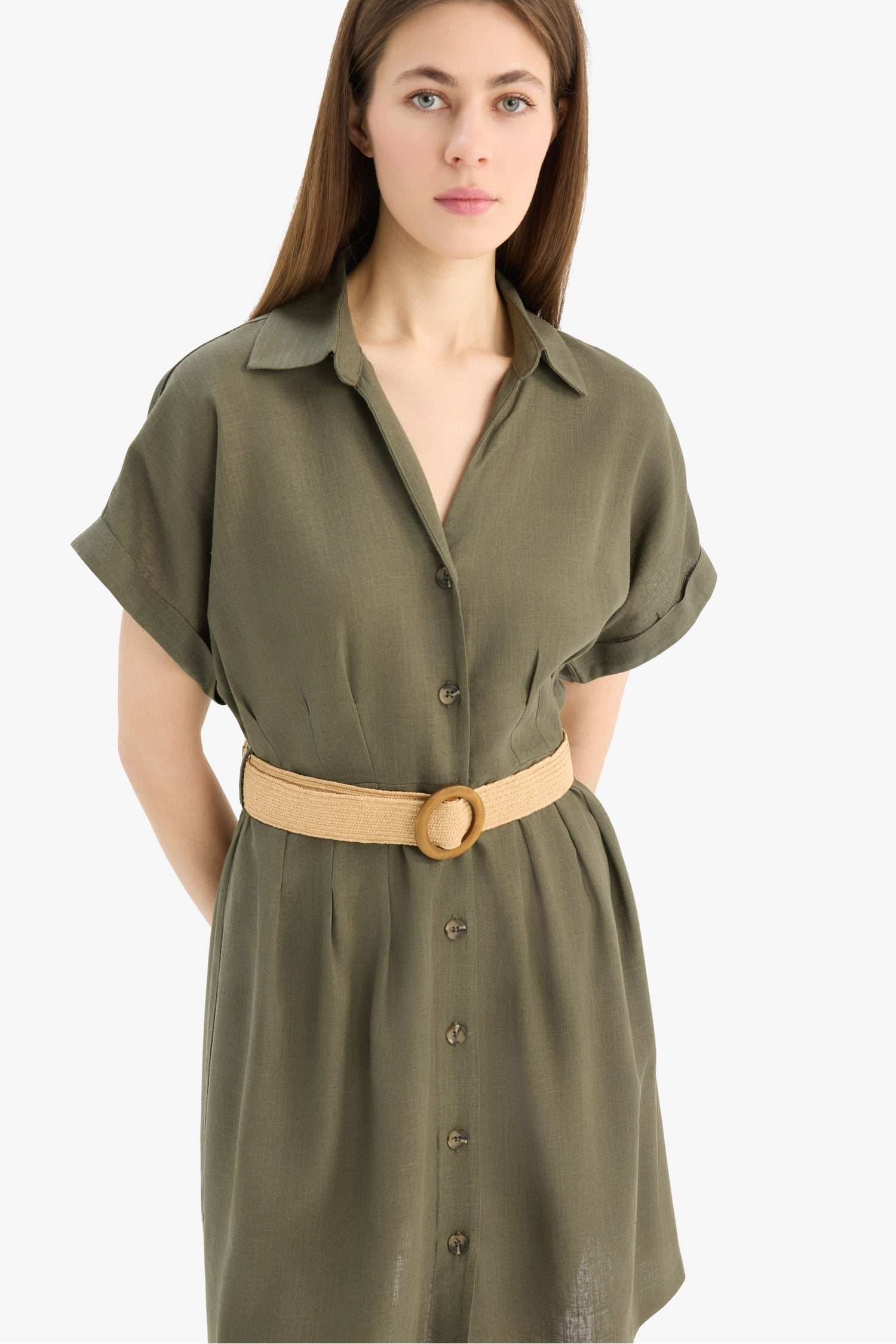 Shirt Collar Belted Linen Blend Mini Dress