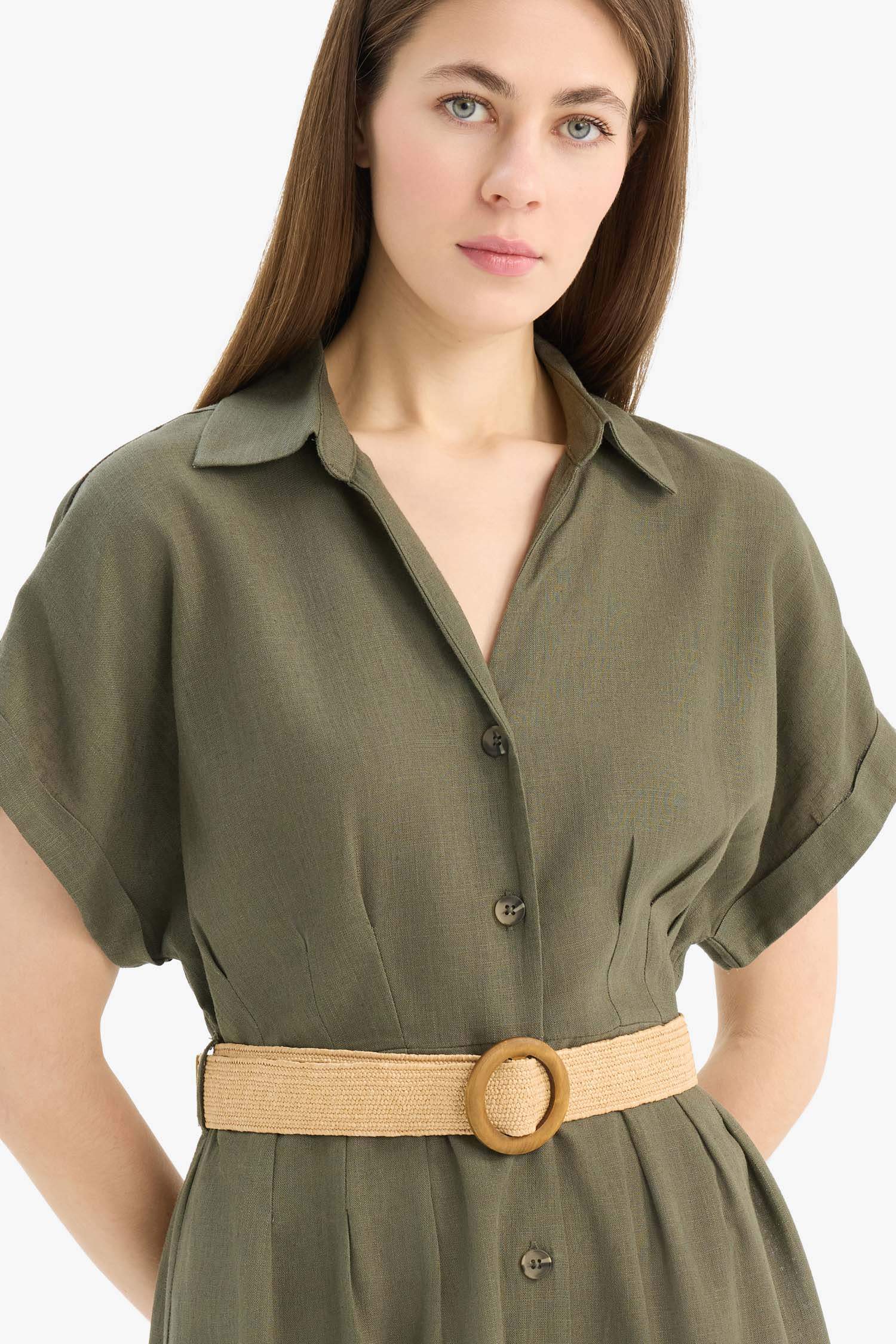 Shirt Collar Belted Linen Blend Mini Dress
