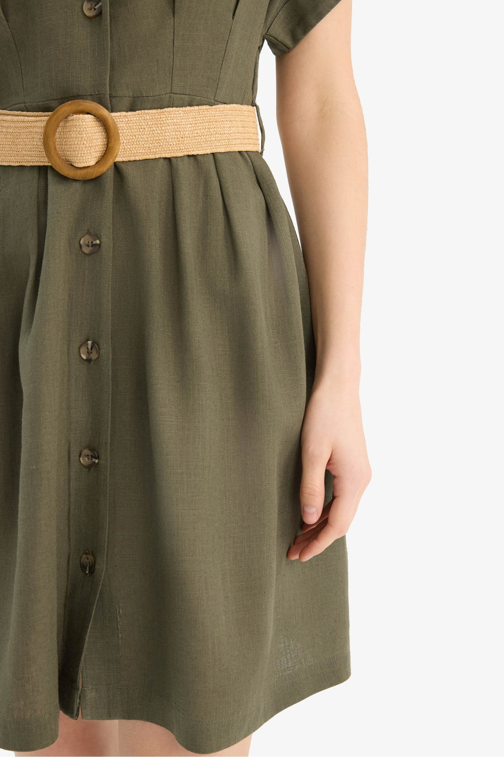 Shirt Collar Belted Linen Blend Mini Dress