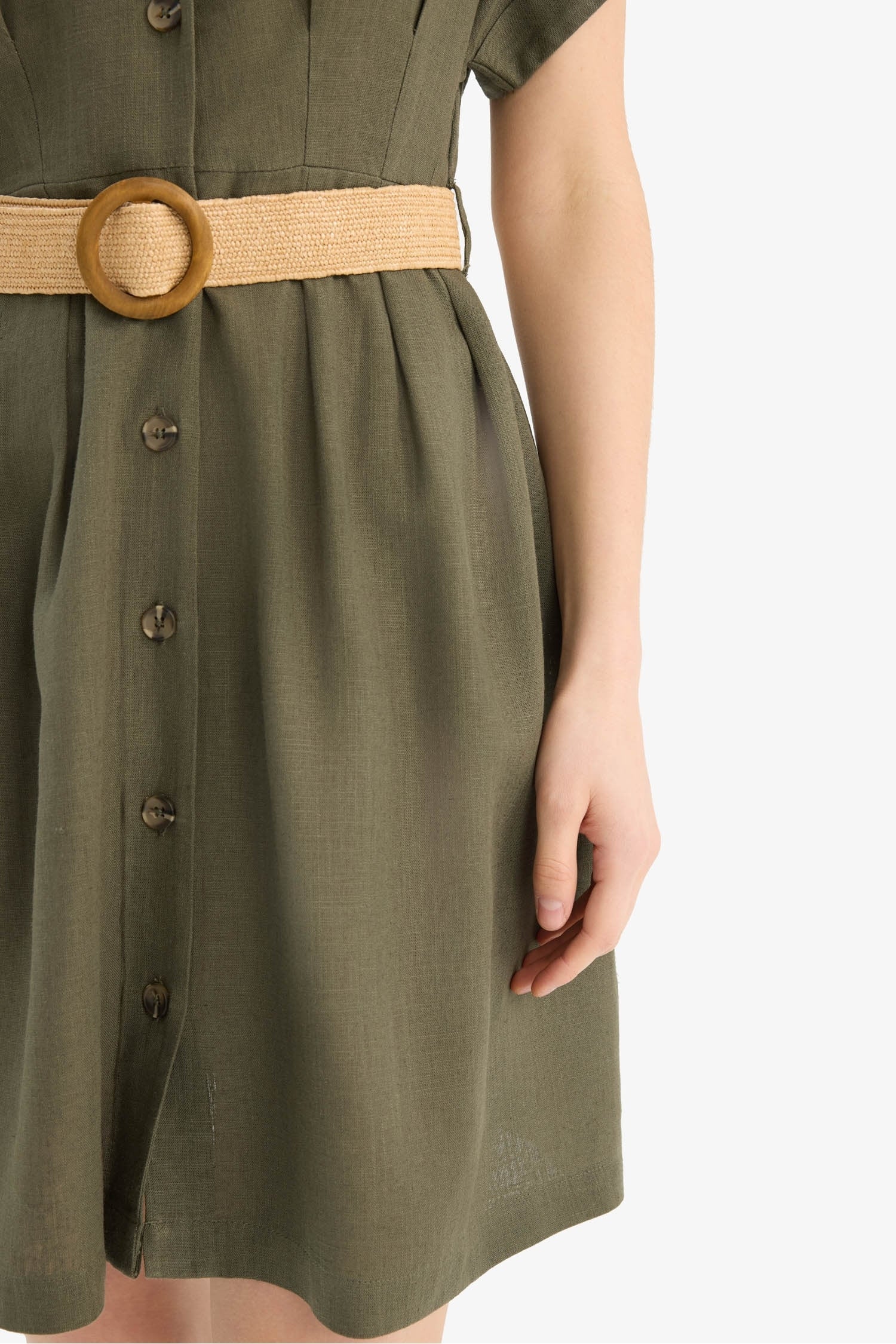 Shirt Collar Belted Linen Blend Mini Dress