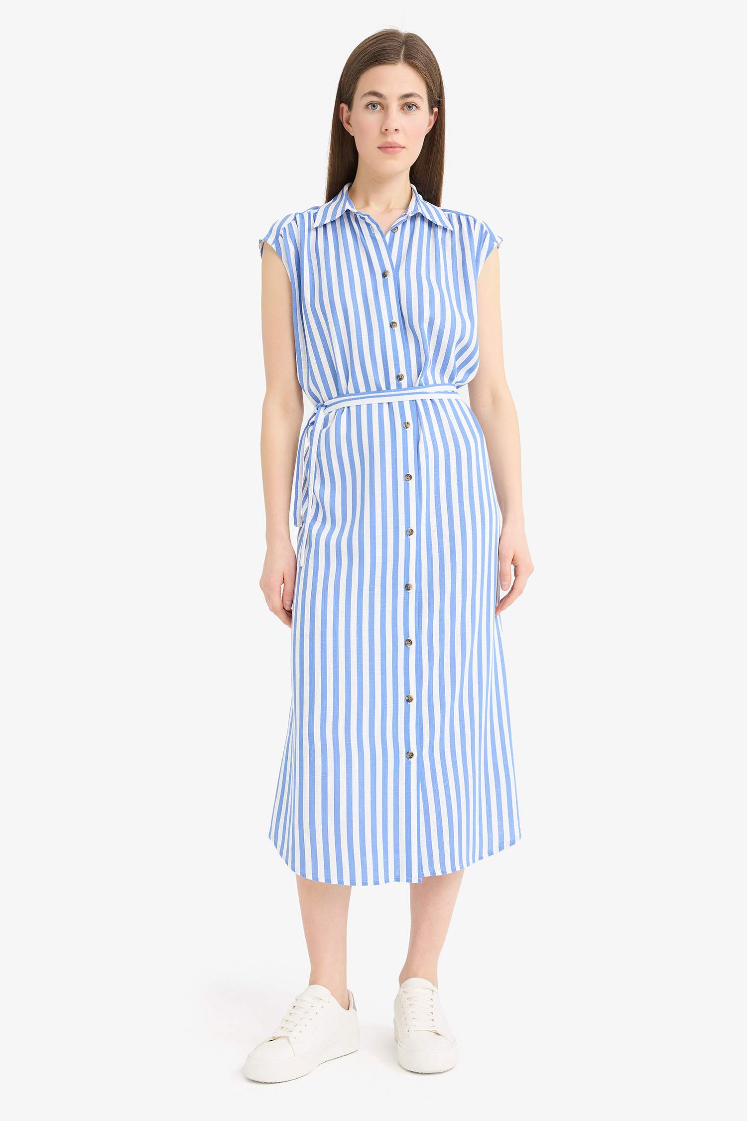 Shirt Collar Striped Sleeveless Maxi Dress