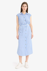 Shirt Collar Striped Sleeveless Maxi Dress