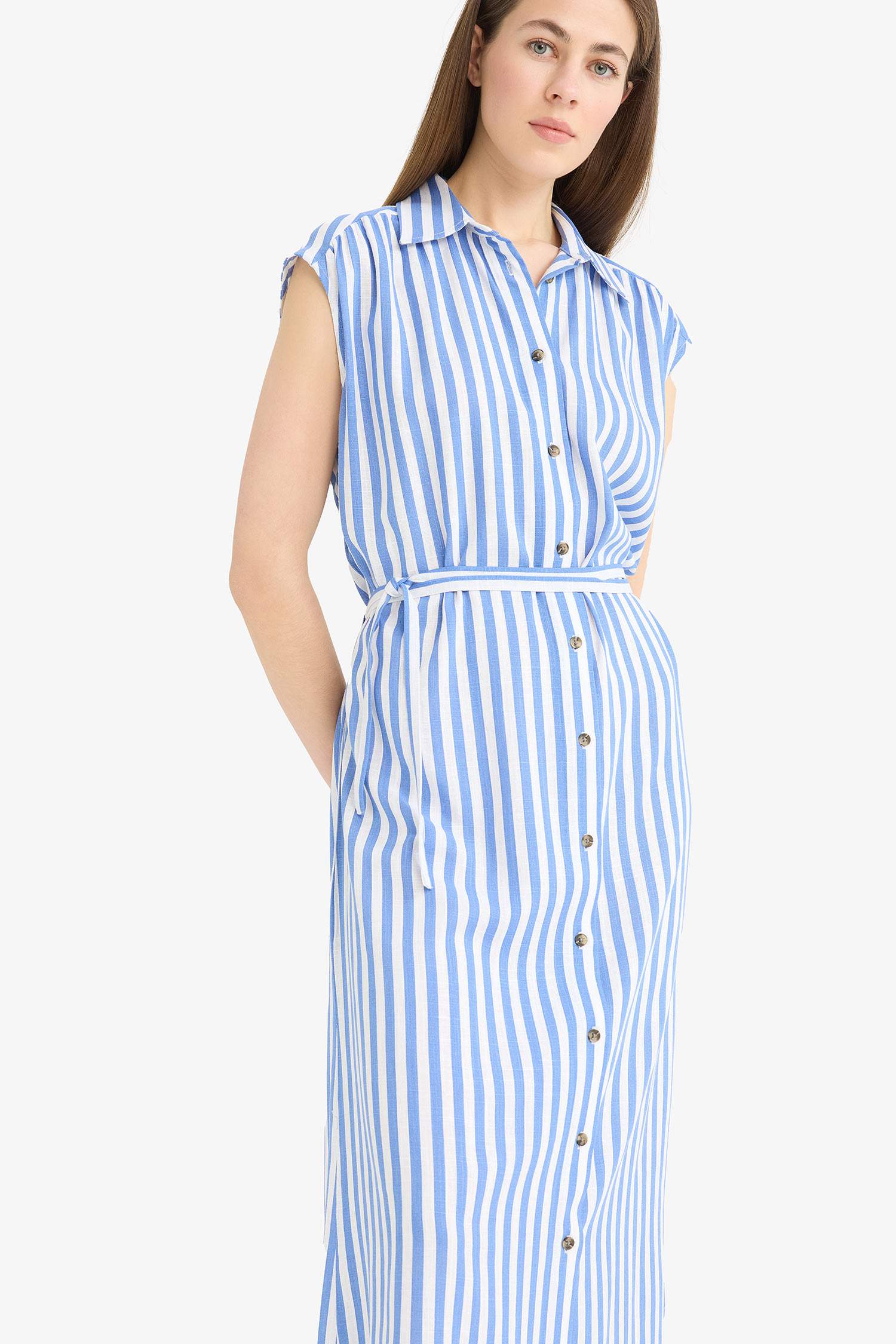 Shirt Collar Striped Sleeveless Maxi Dress