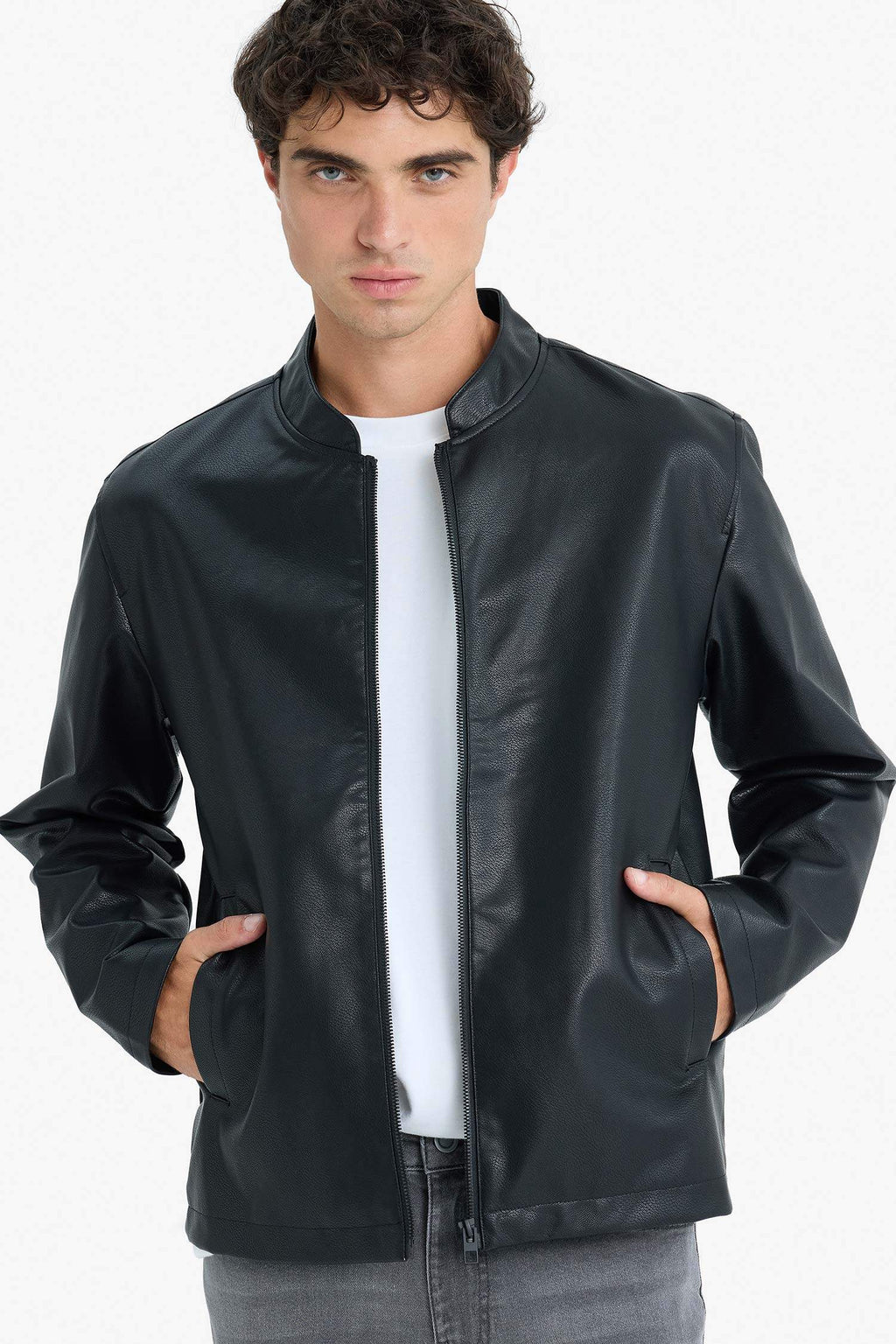 Water-repellent, slim-fit, narrow-cut, stand-collar, zip-up faux leather jacket.