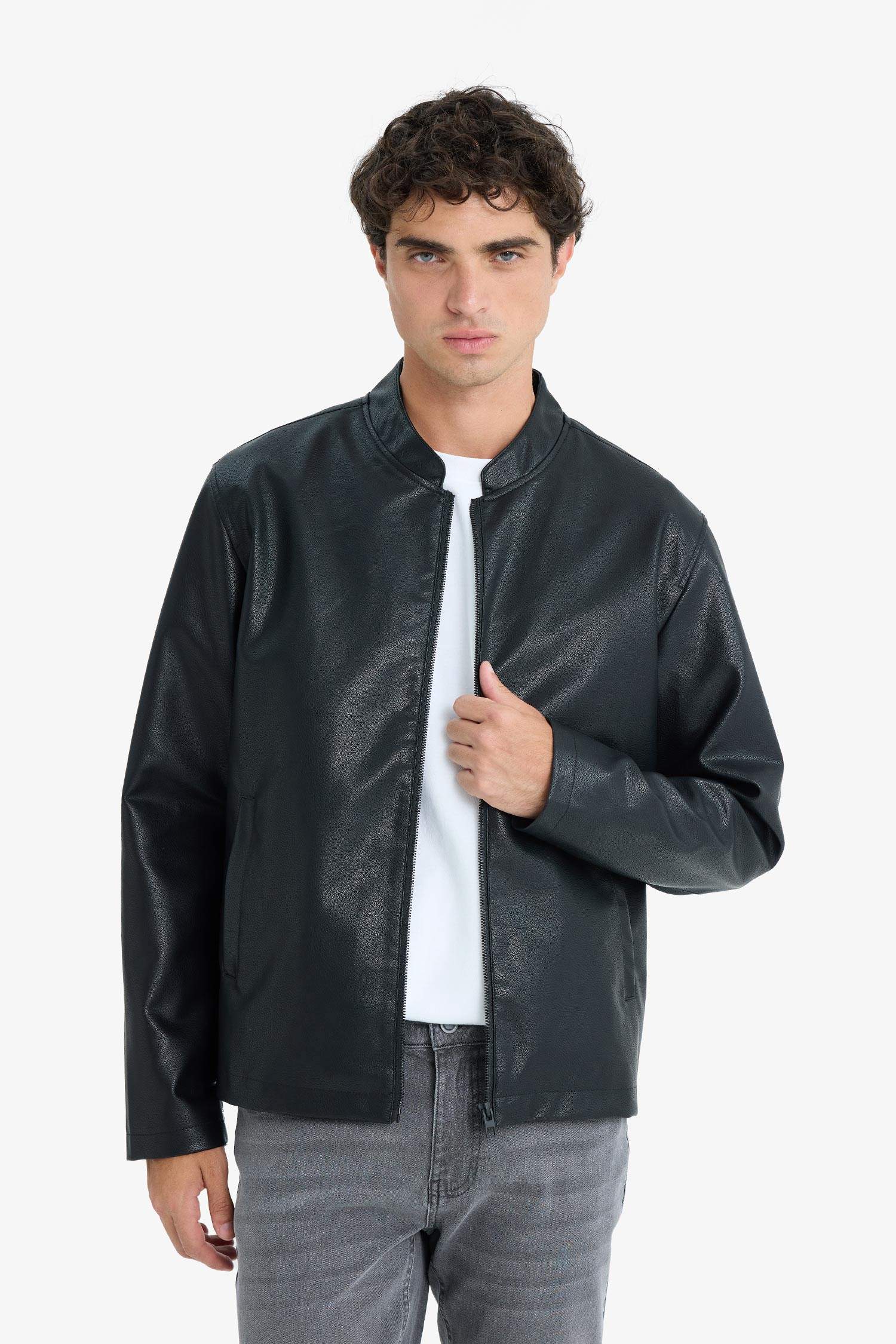Water-repellent, slim-fit, narrow-cut, stand-collar, zip-up faux leather jacket.