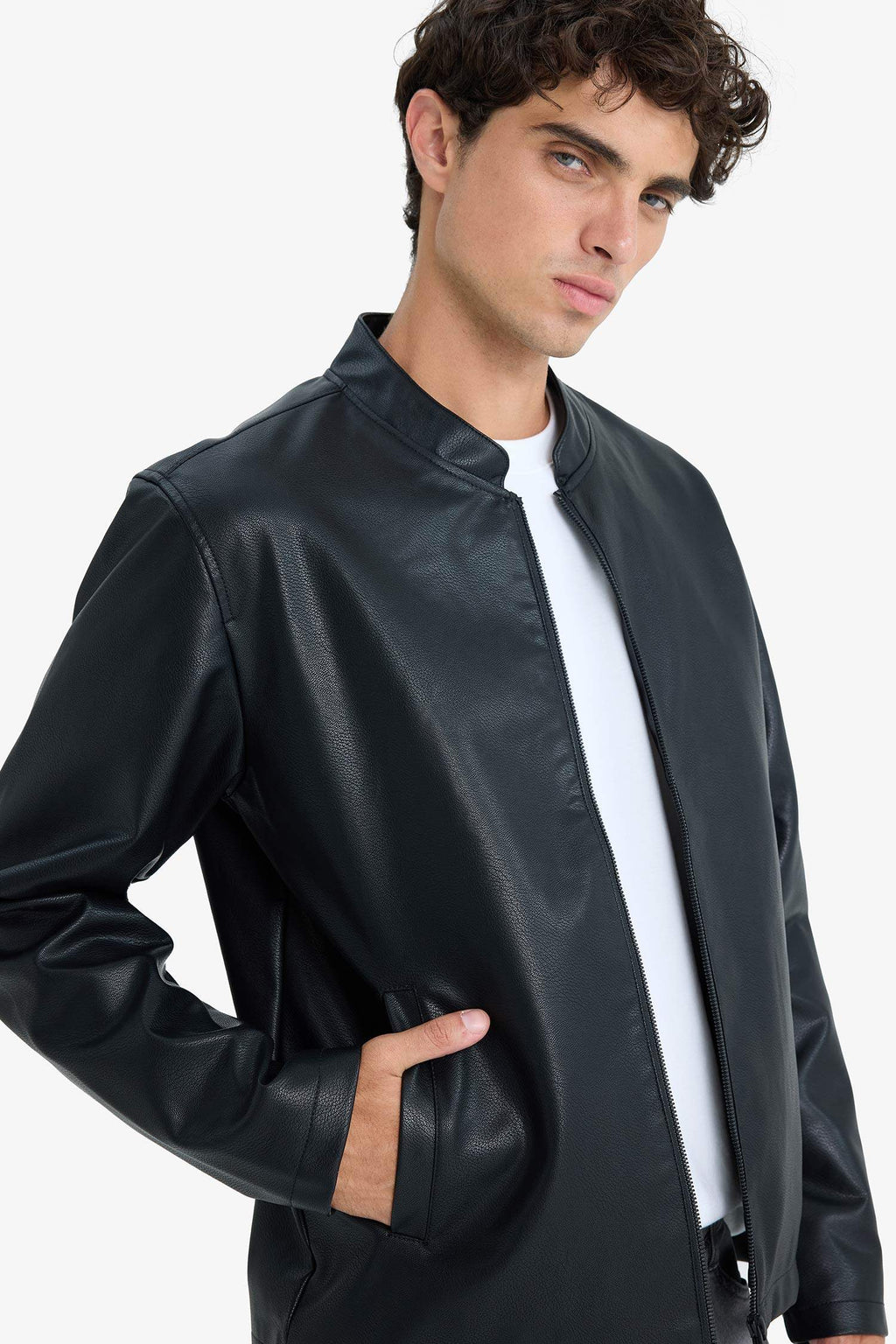 Water-repellent, slim-fit, narrow-cut, stand-collar, zip-up faux leather jacket.
