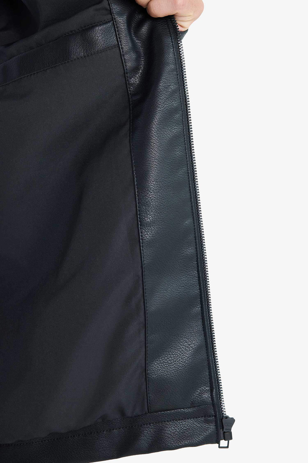 Water-repellent, slim-fit, narrow-cut, stand-collar, zip-up faux leather jacket.
