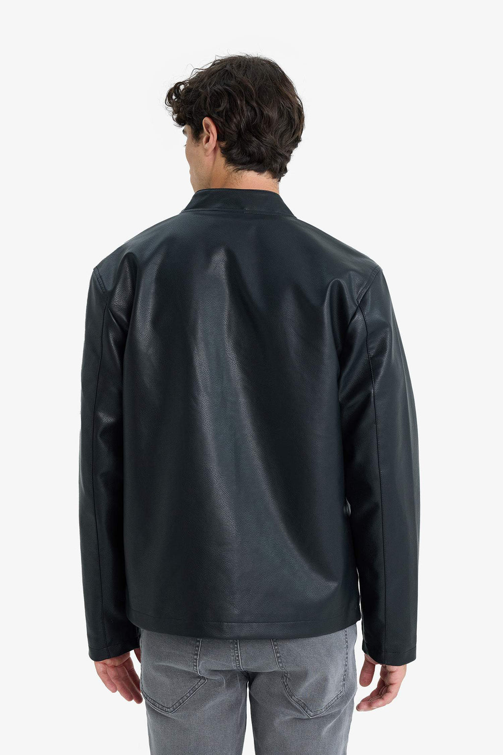 Water-repellent, slim-fit, narrow-cut, stand-collar, zip-up faux leather jacket.