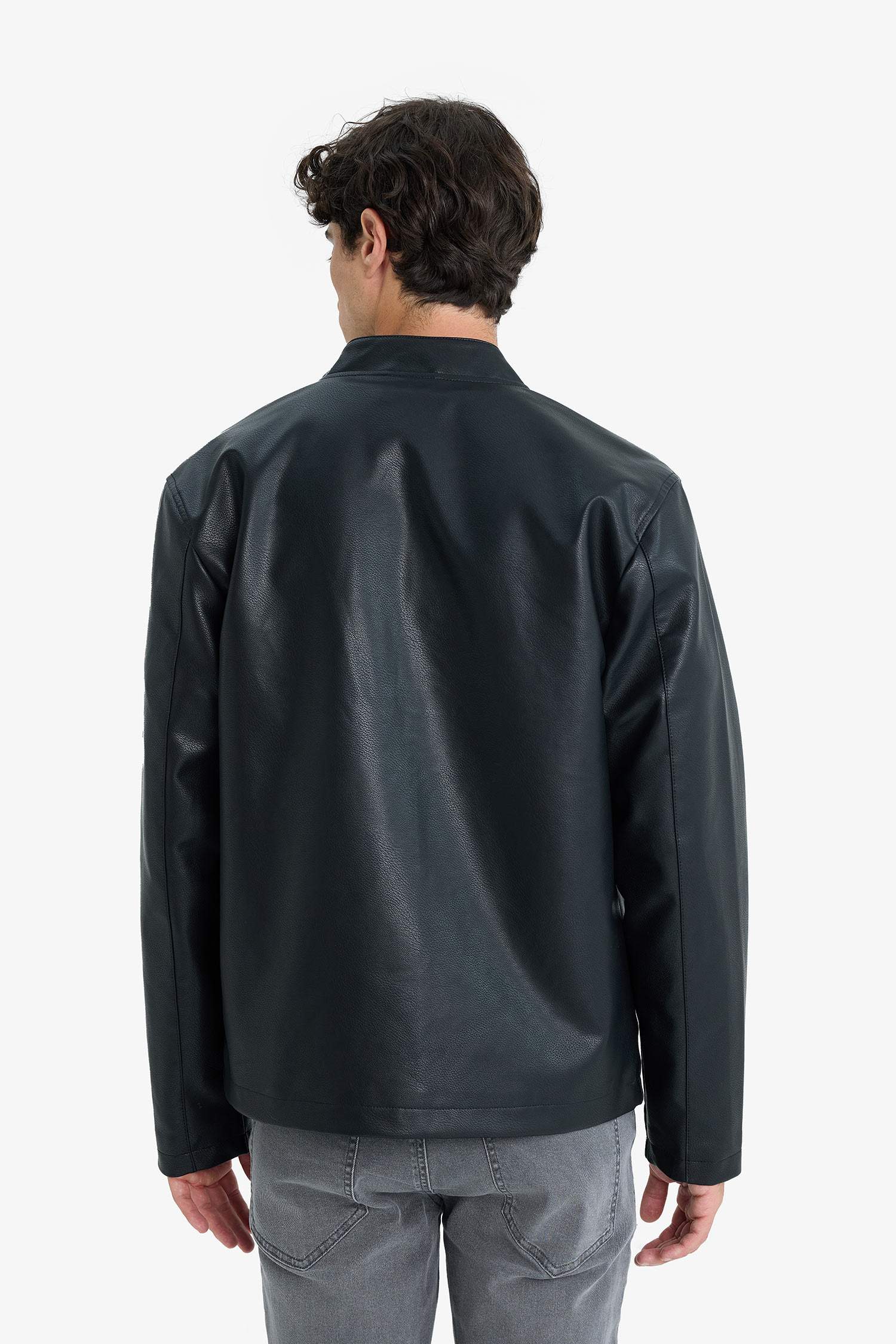 Water-repellent, slim-fit, narrow-cut, stand-collar, zip-up faux leather jacket.