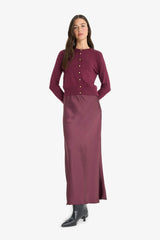 High waisted satin midi length A-line skirt