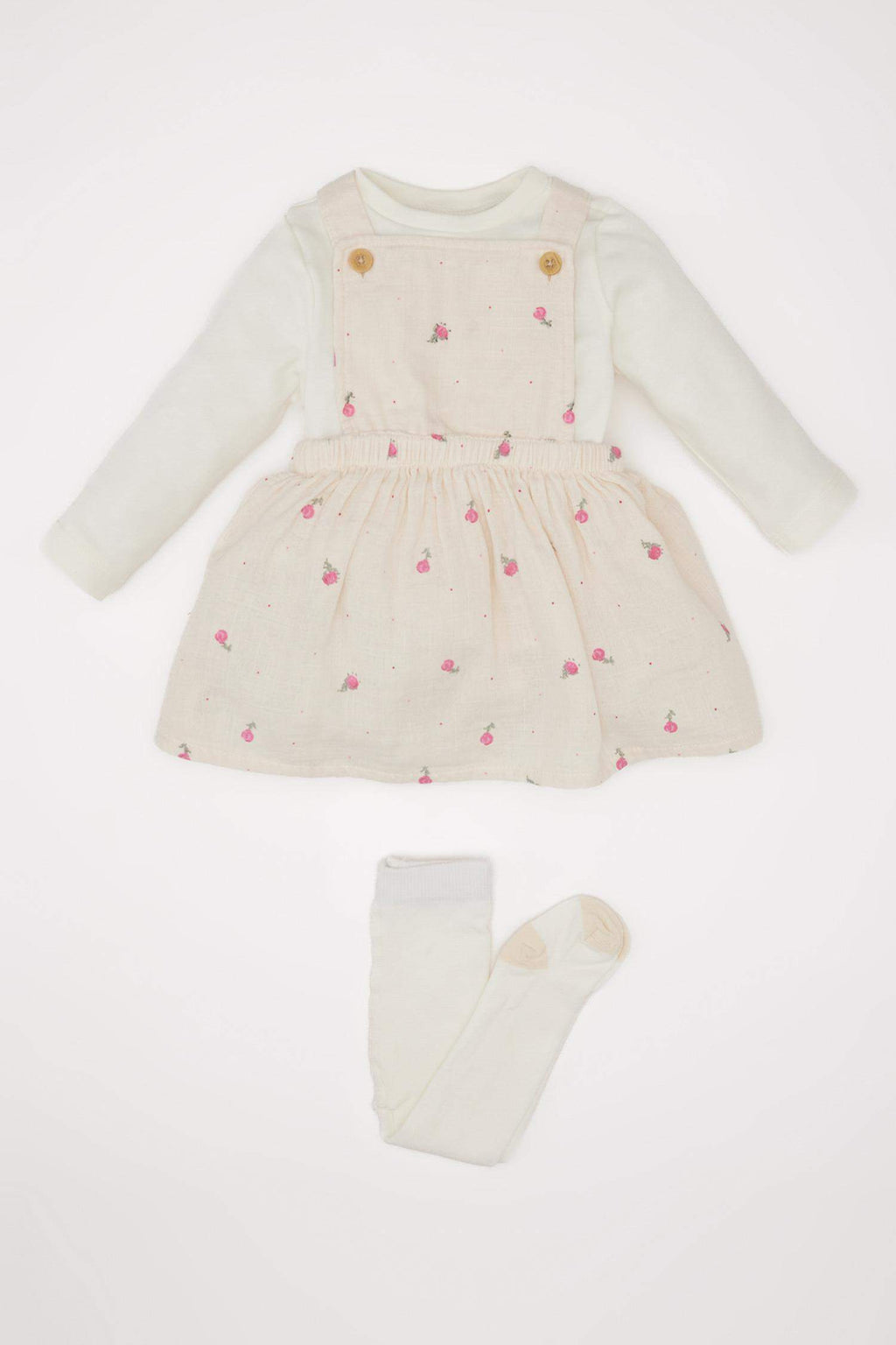 Girl Baby 3 Set Muslin Floral Long Sleeve T-shirt Salopet Dress Pantyhose