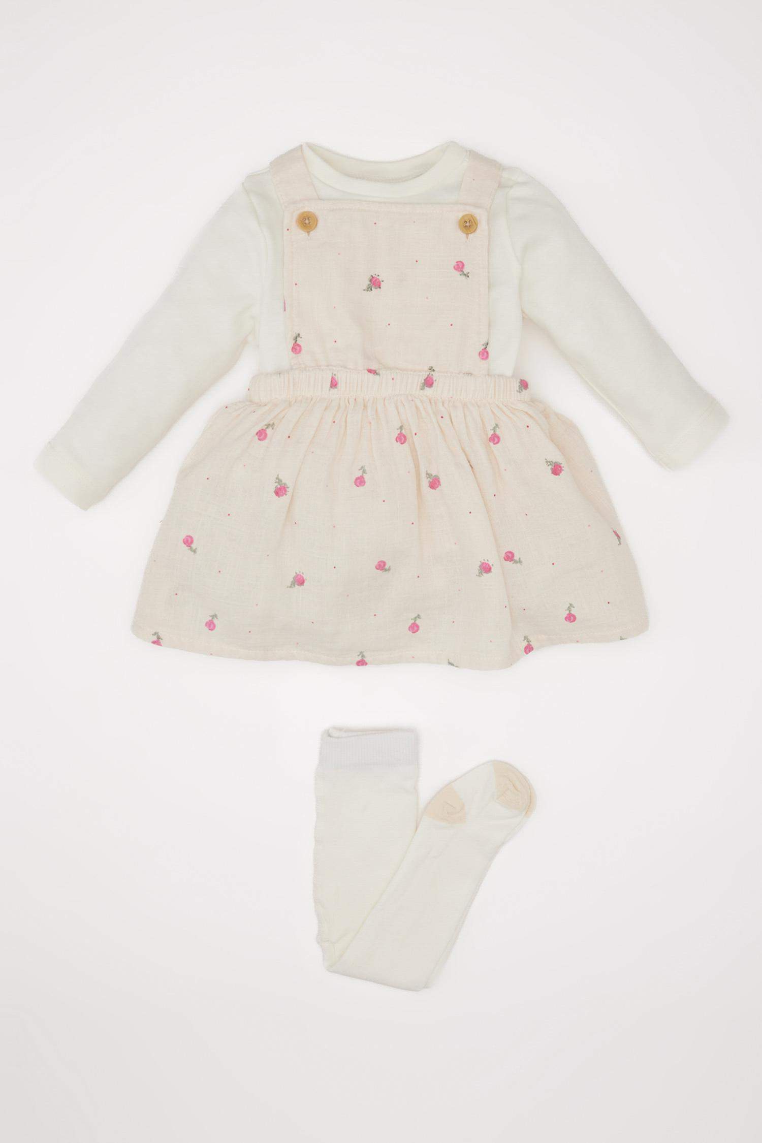 Girl Baby 3 Set Muslin Floral Long Sleeve T-shirt Salopet Dress Pantyhose