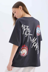 Cool Rick and Morty Oversize Wide Pattern Crew Neck Back Printed Short Sleeve T-Shirt