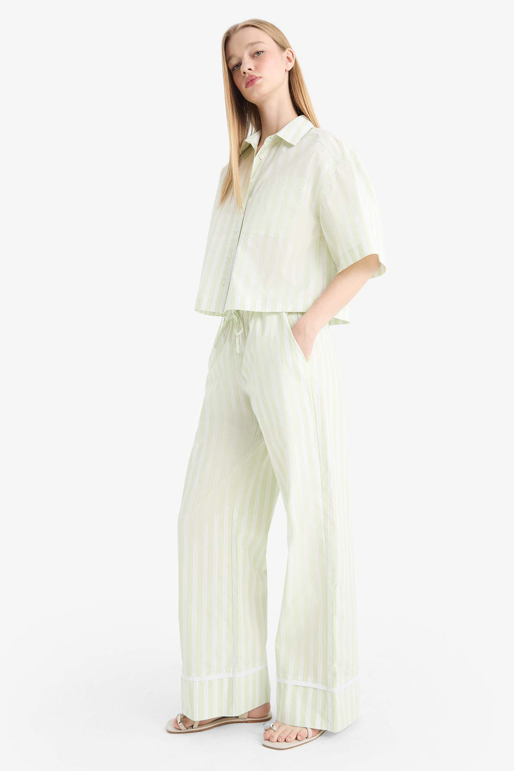 Wide Leg Striped High Waist Poplin Trousers