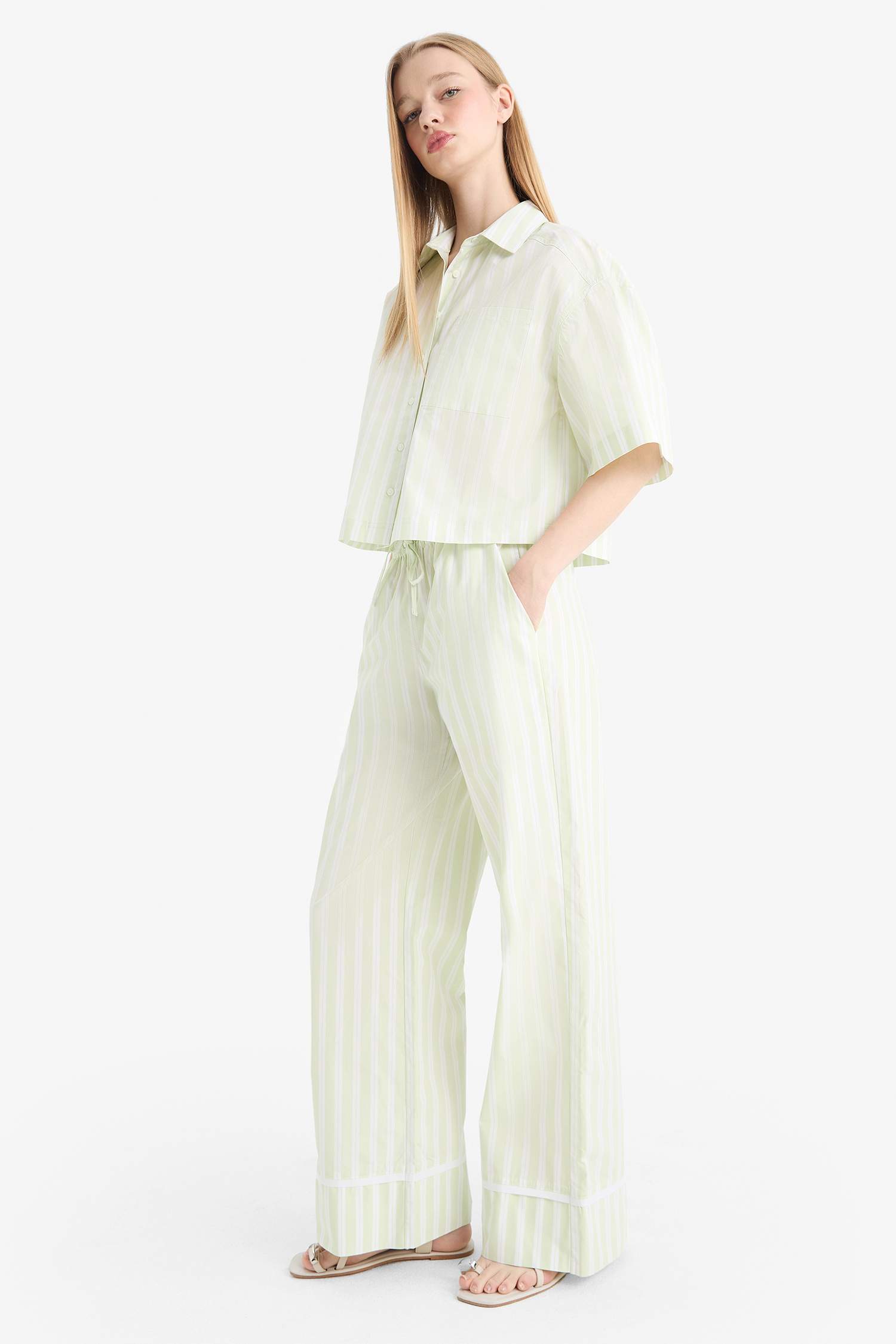 Wide Leg Striped High Waist Poplin Trousers