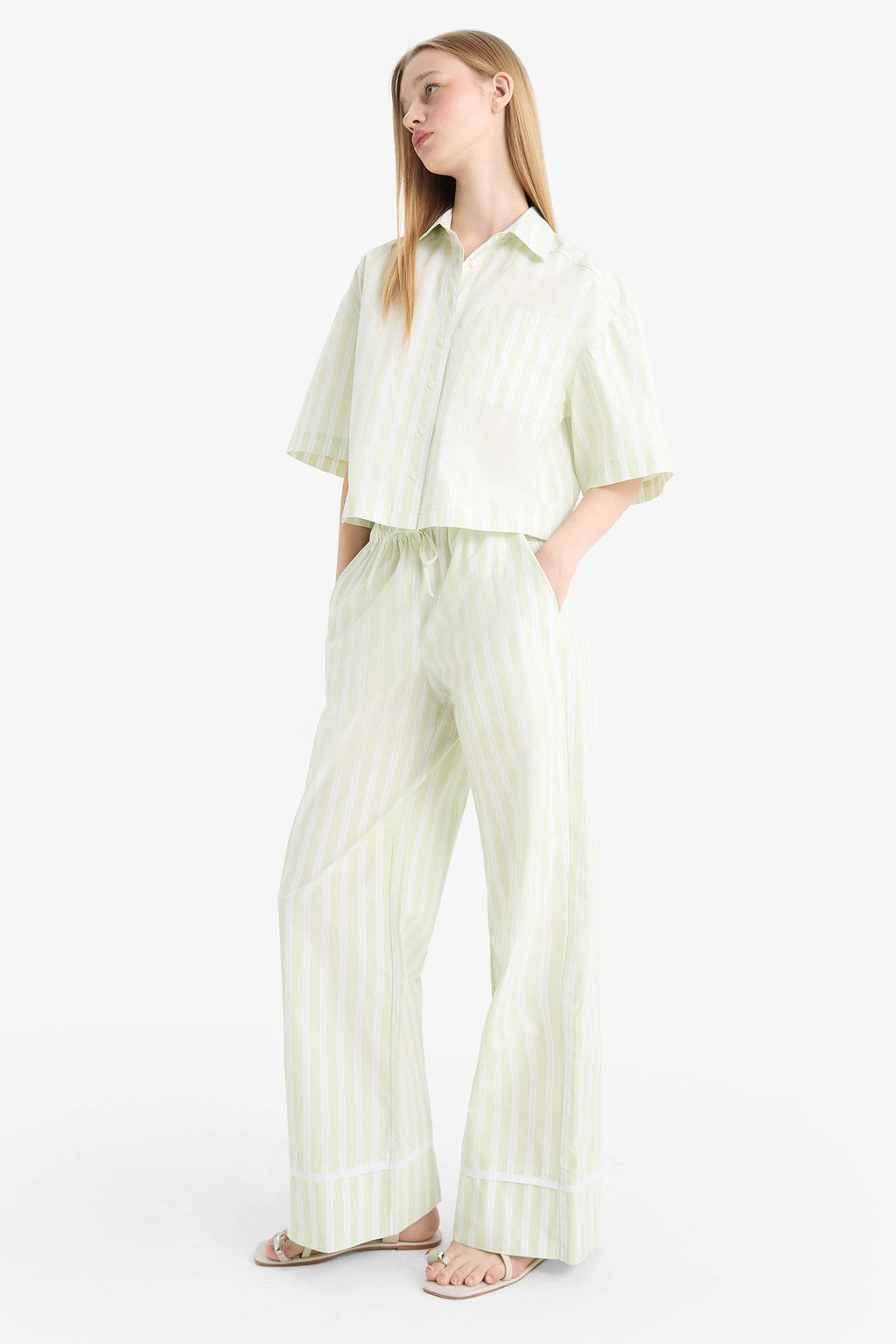 Wide Leg Striped High Waist Poplin Trousers