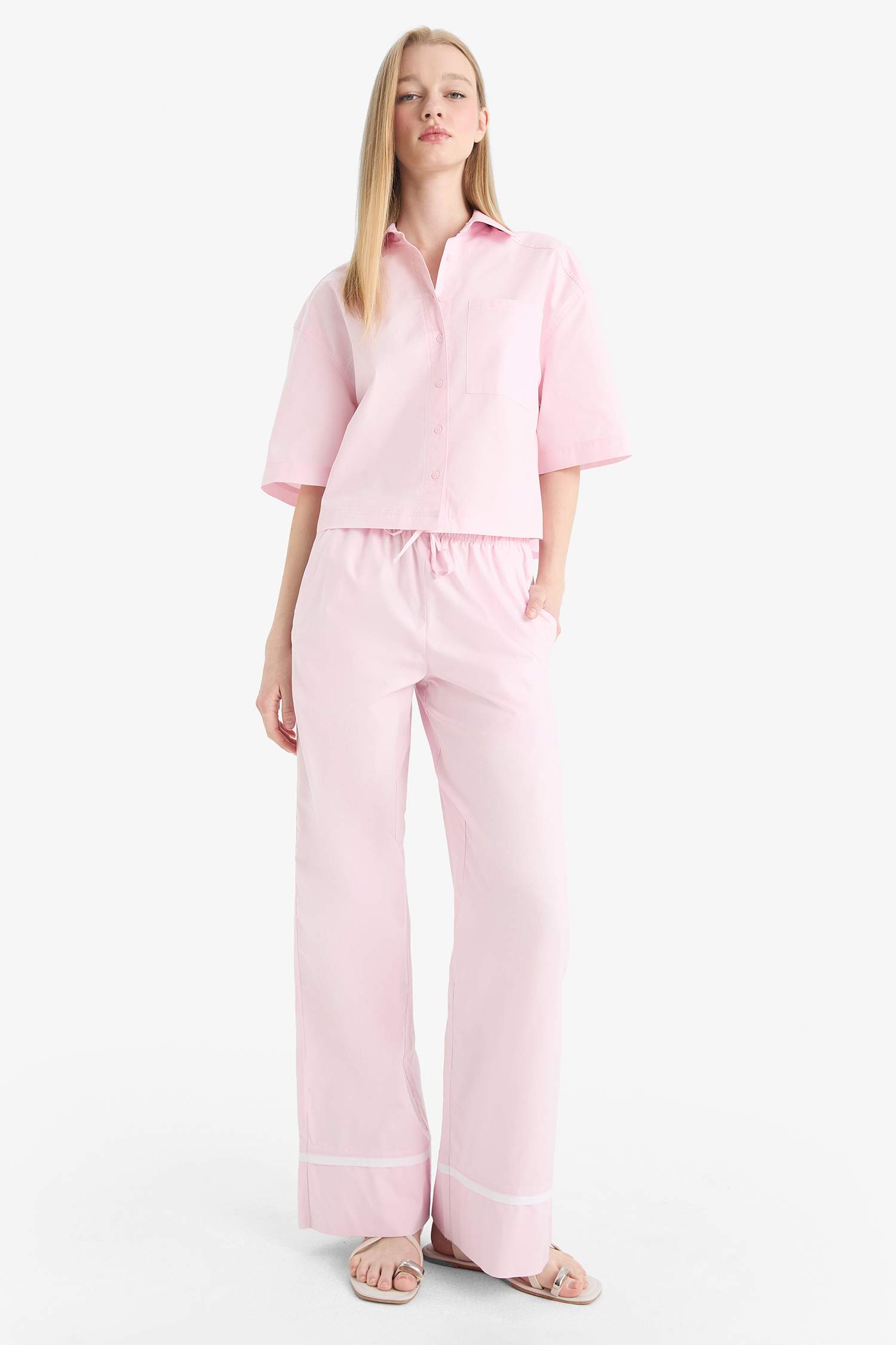 Wide Leg Striped High Waist Poplin Trousers