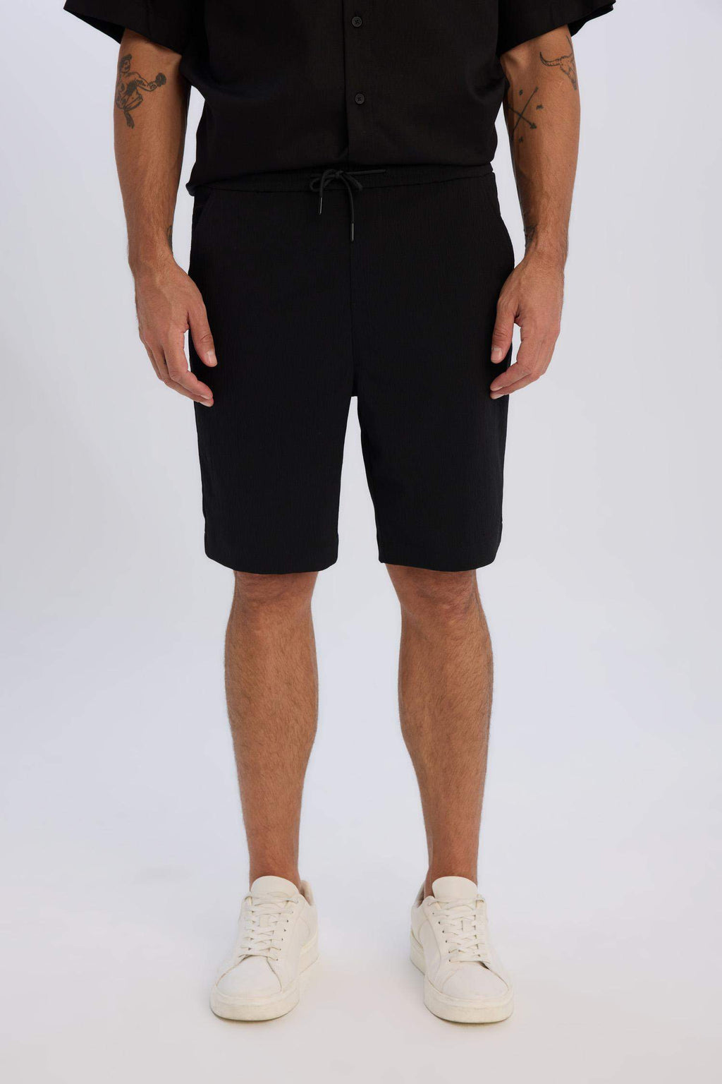 Regular Fit Textured Bermuda Shorts with Tie Waist