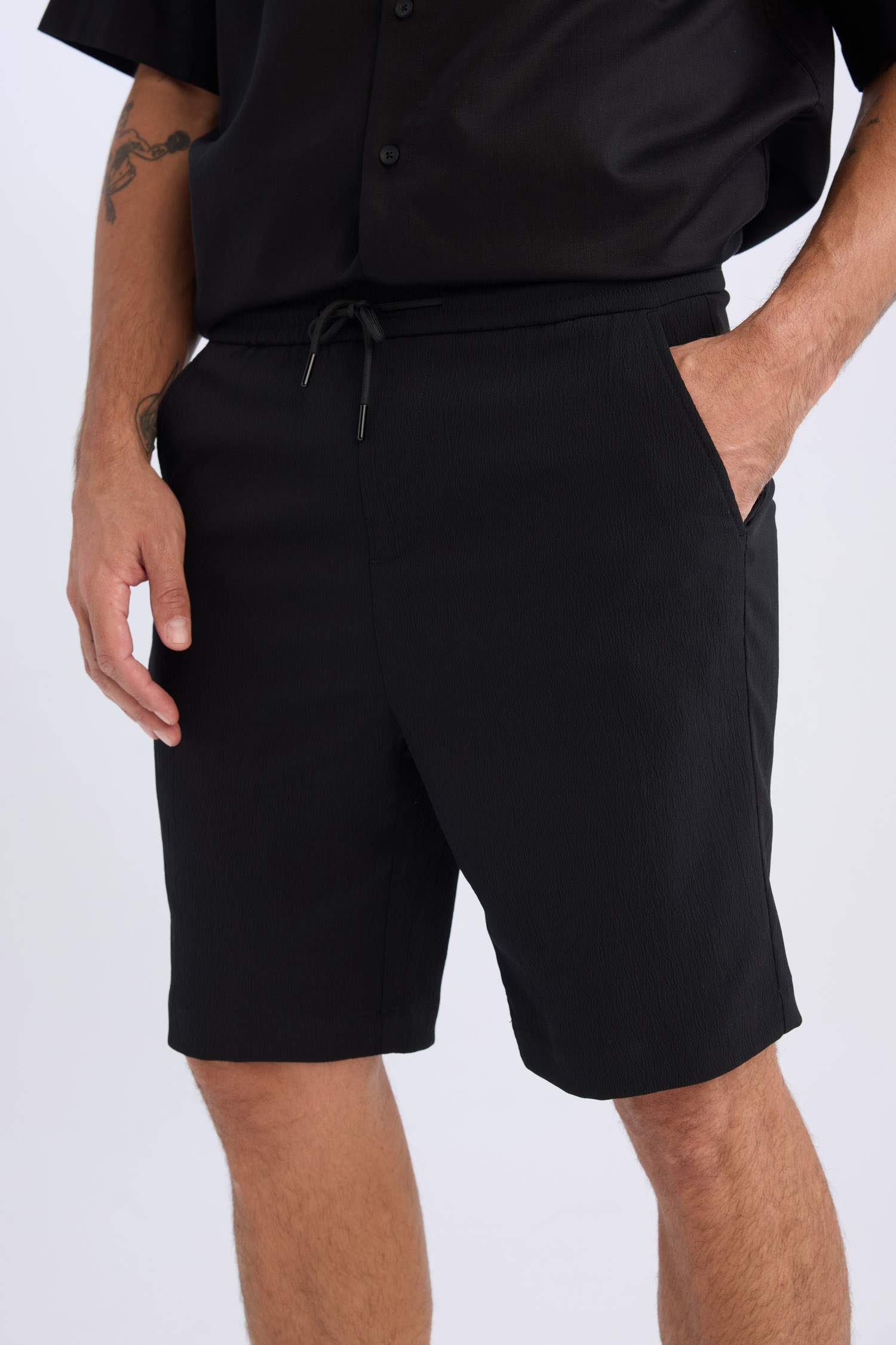 Regular Fit Textured Bermuda Shorts with Tie Waist