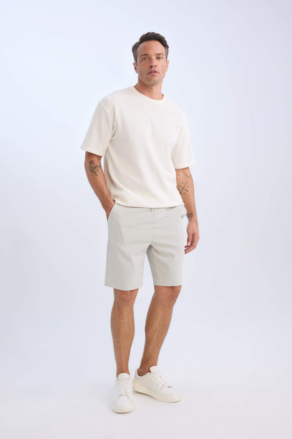 Regular Fit Textured Bermuda Shorts with Tie Waist