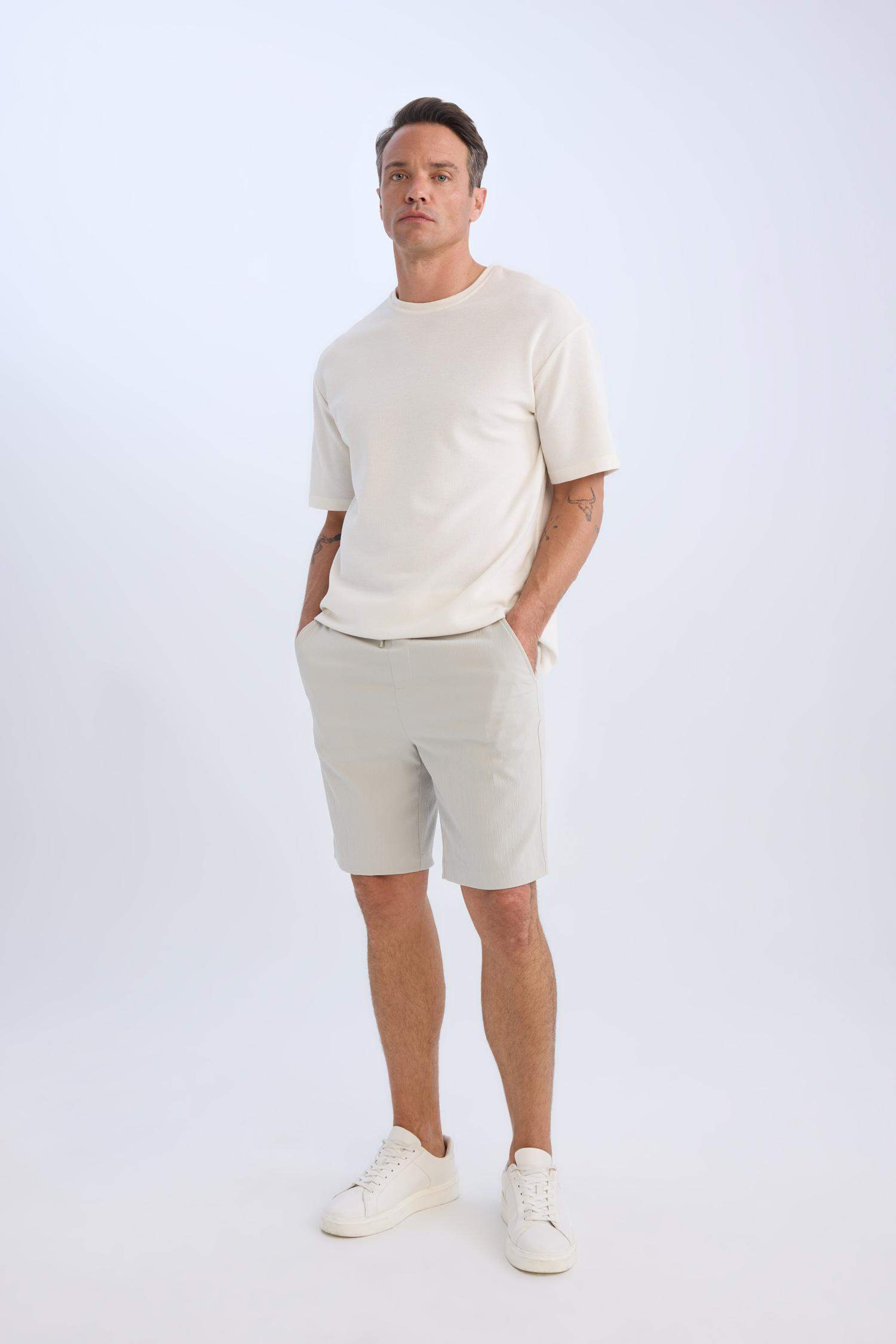 Regular Fit Textured Bermuda Shorts with Tie Waist