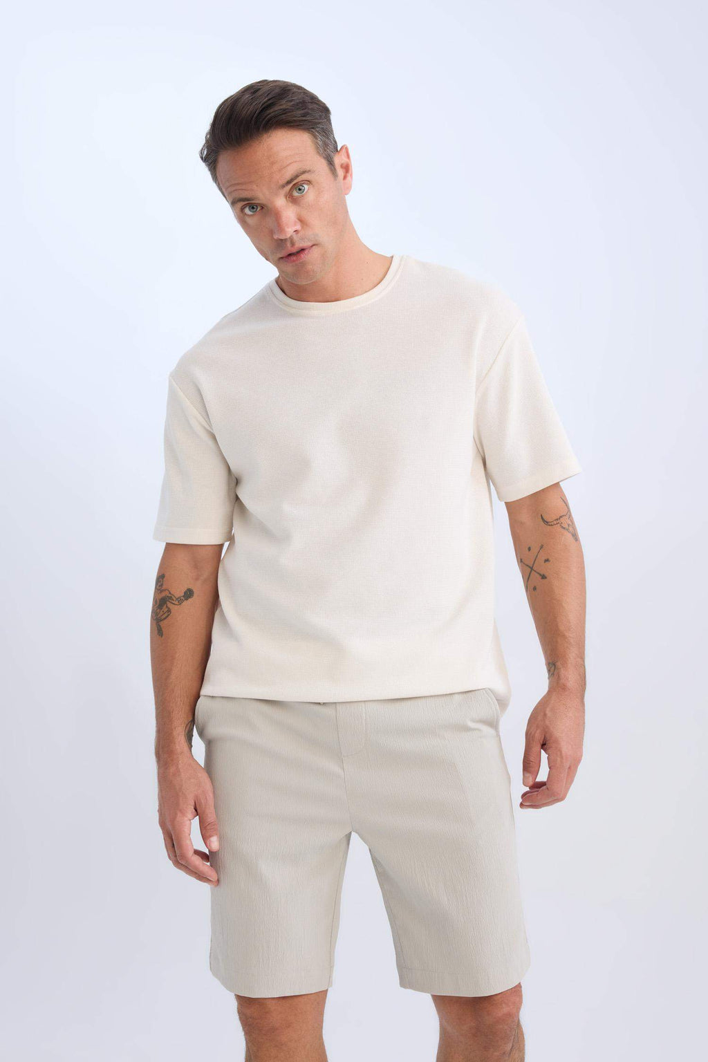 Regular Fit Textured Bermuda Shorts with Tie Waist