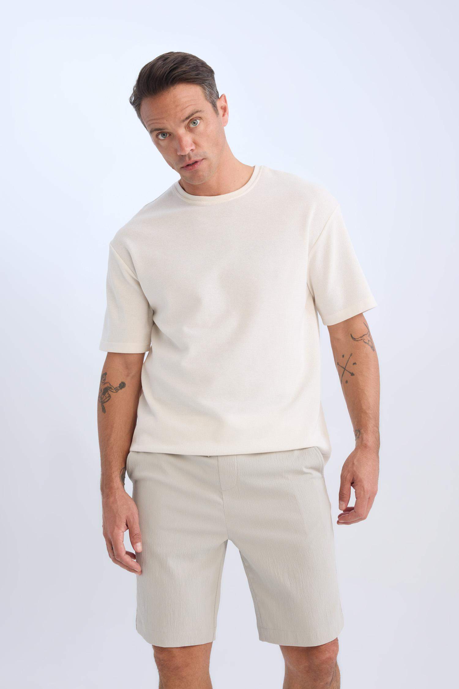 Regular Fit Textured Bermuda Shorts with Tie Waist