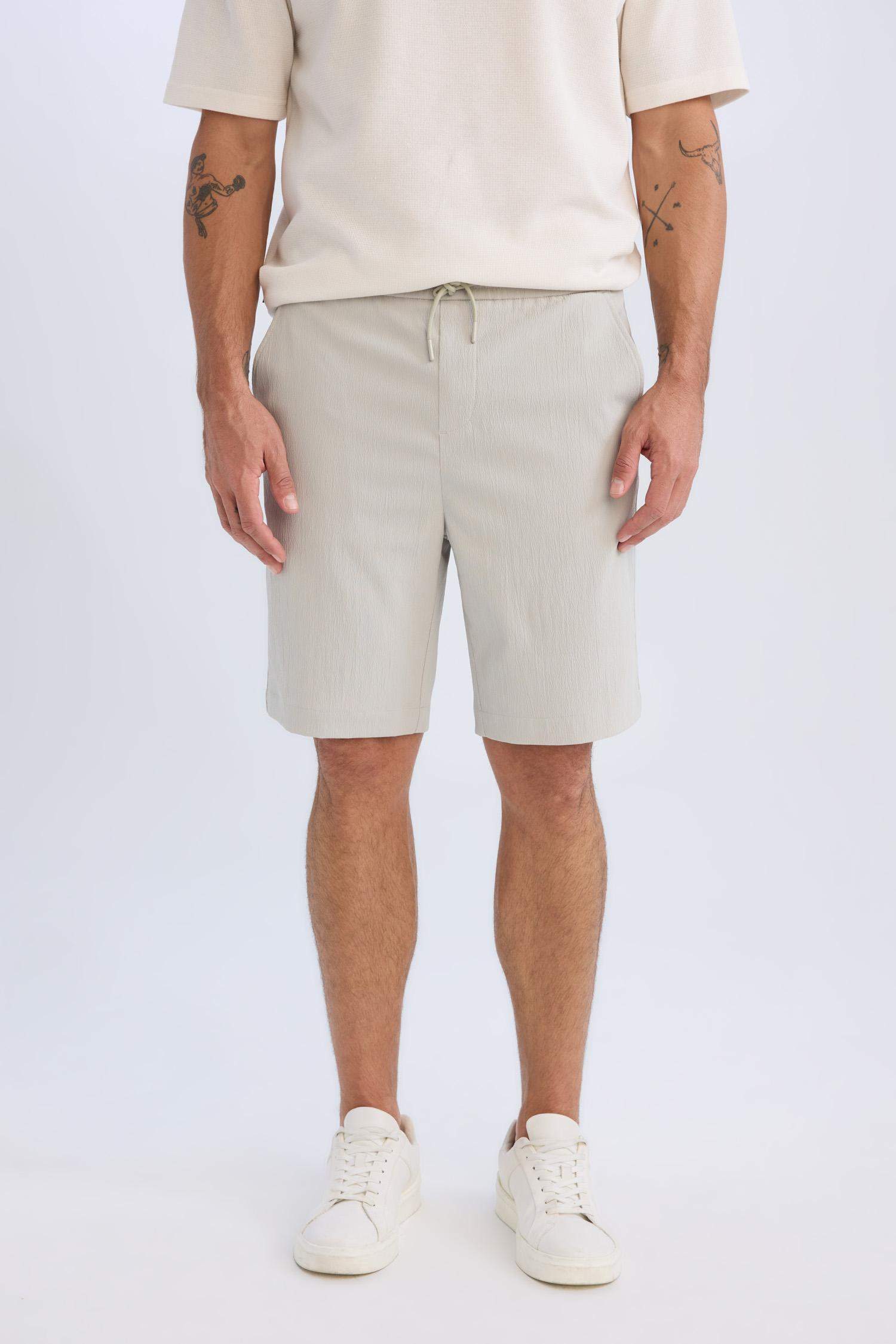Regular Fit Textured Bermuda Shorts with Tie Waist