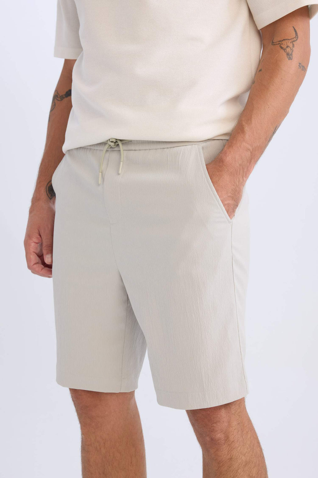 Regular Fit Textured Bermuda Shorts with Tie Waist