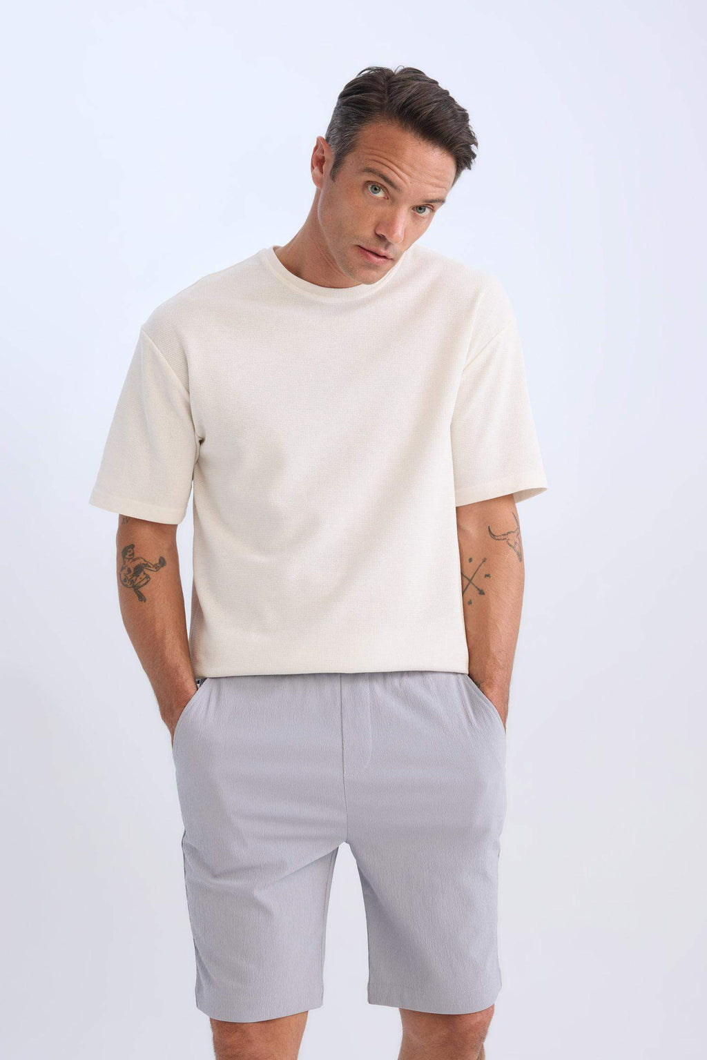 Regular Fit Textured Bermuda Shorts with Tie Waist