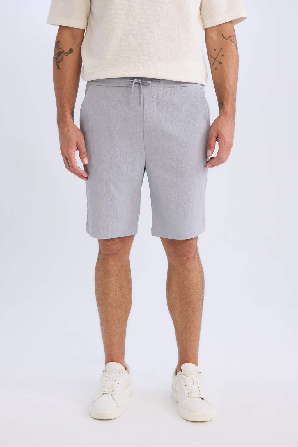Regular Fit Textured Bermuda Shorts with Tie Waist