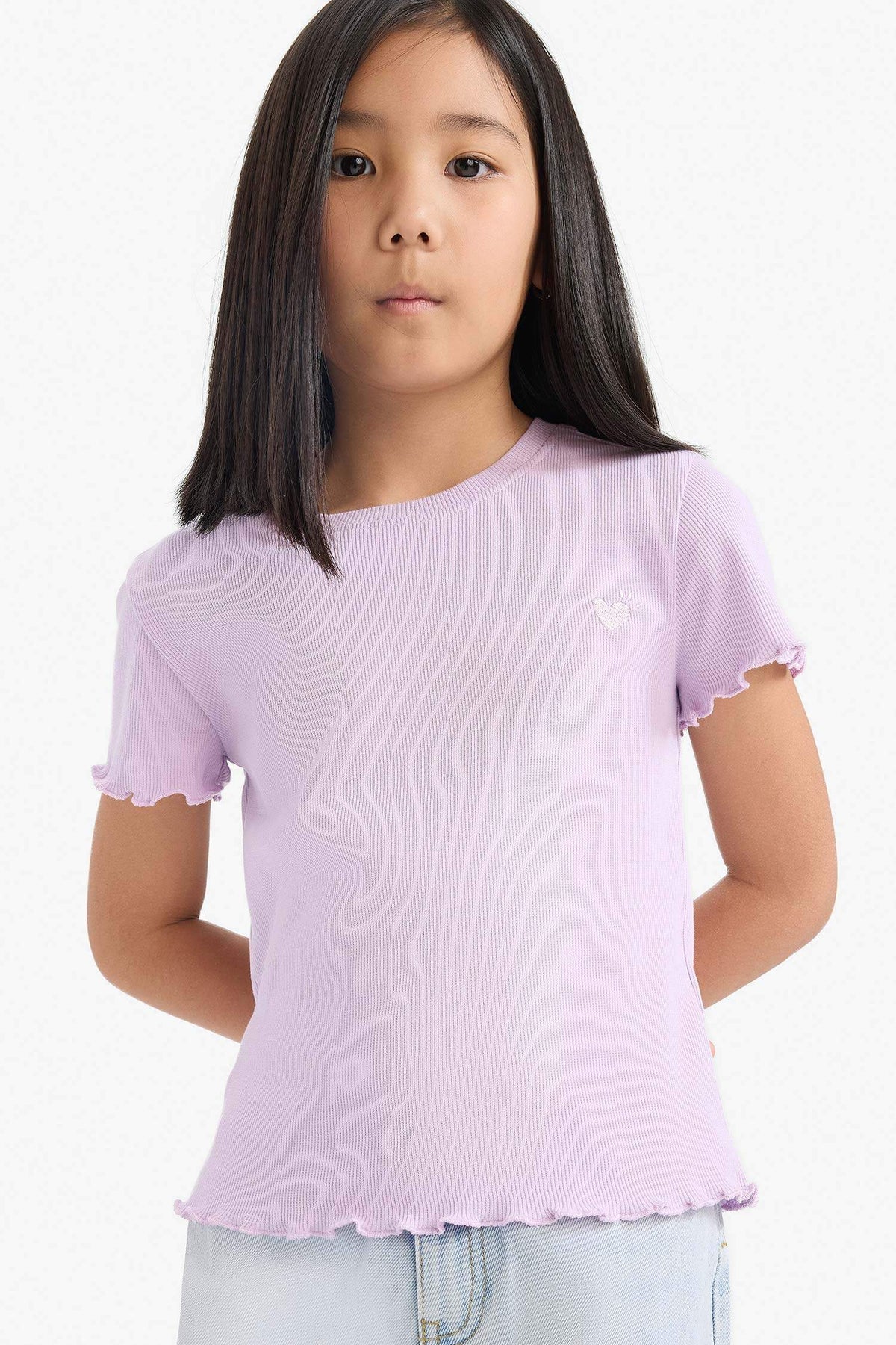 Girls Slim Fit Slim Cut Crew Neck Printed Ribbed Camisole Short Sleeve T-Shirt