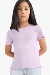 Girls Slim Fit Slim Cut Crew Neck Printed Ribbed Camisole Short Sleeve T-Shirt