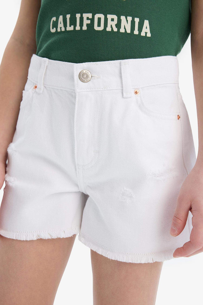 Girl's Ripped Detailed Cotton Jean Shorts Hover Image