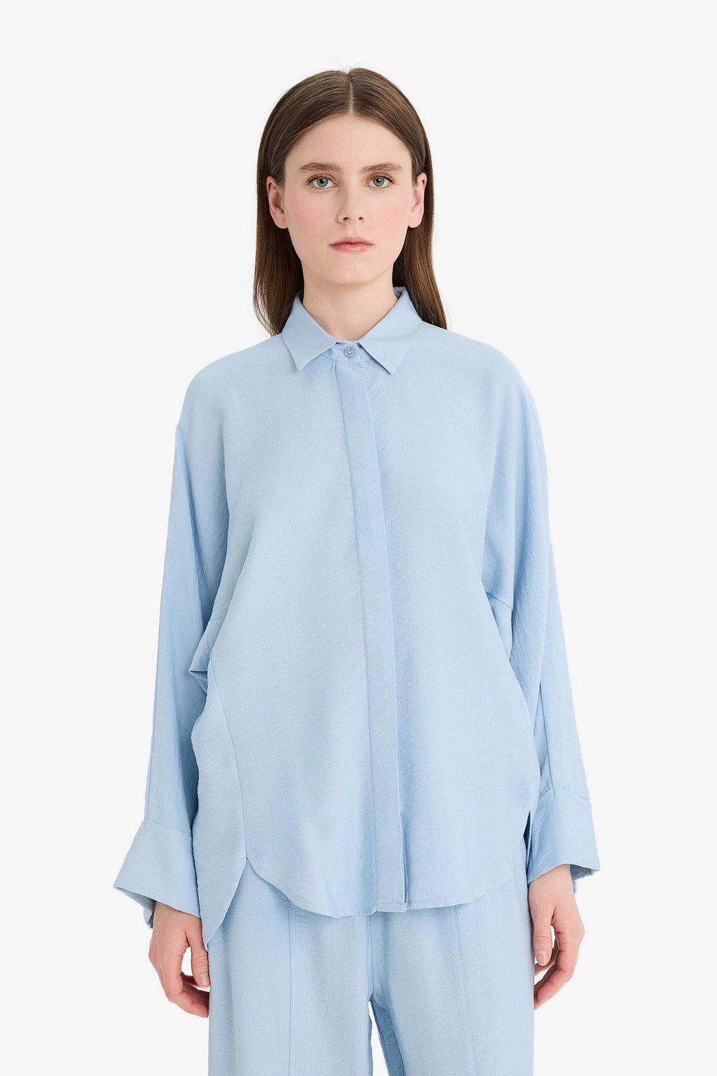 Relax Fit Basic Plain Linen Blend Long Sleeve Hijab Shirt Tunic