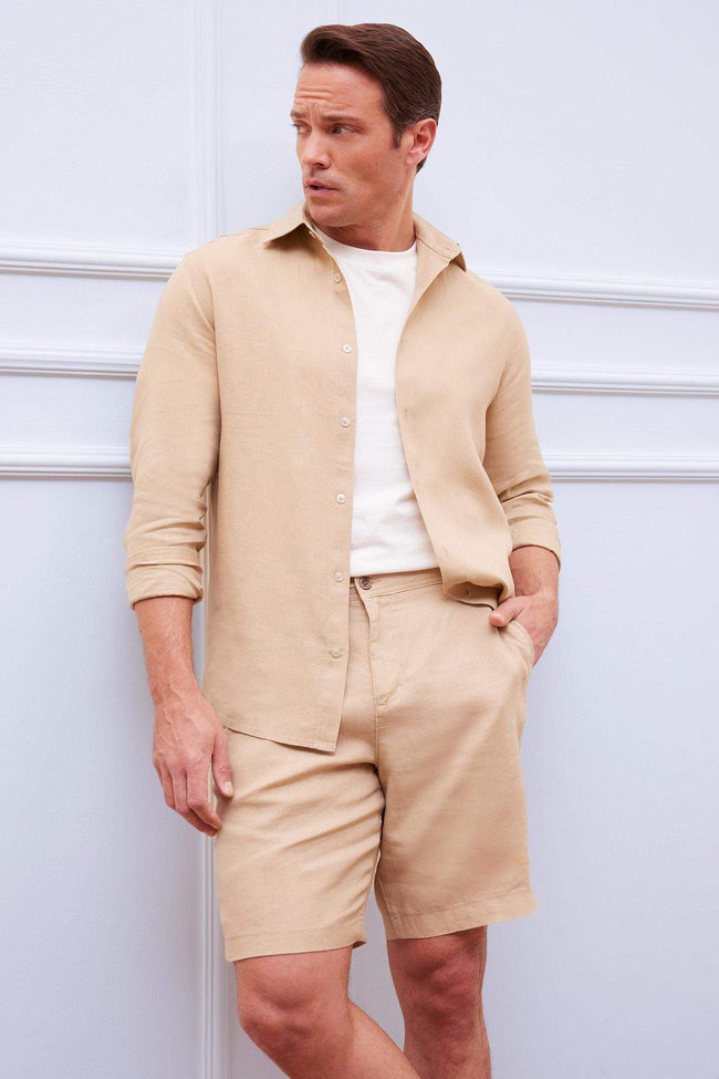 100% Linen Regular Fit Polo Collar Summer Long Sleeve Shirt Hover Image