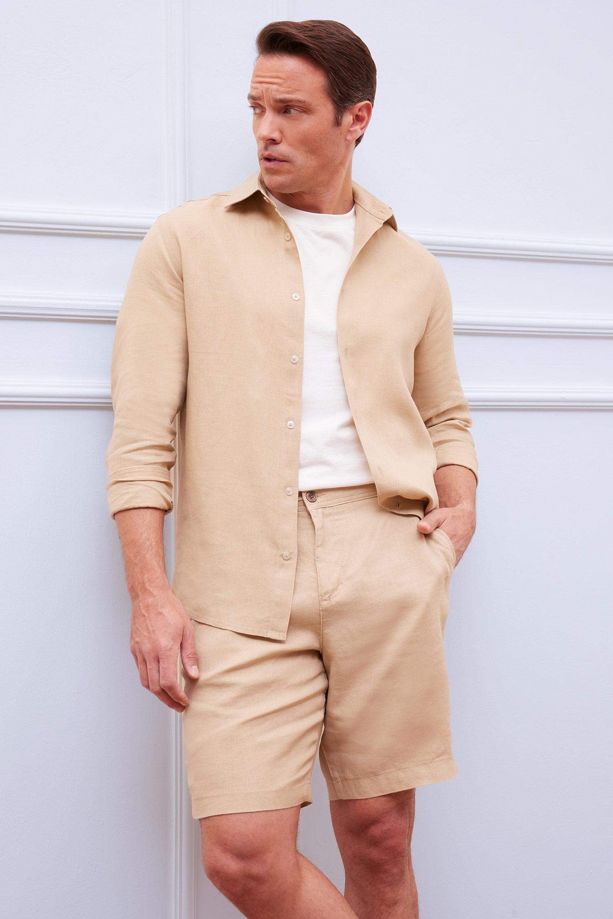 100% Linen Regular Fit Polo Collar Summer Long Sleeve Shirt