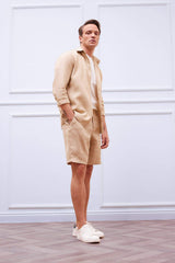 100% Linen Regular Fit Polo Collar Summer Long Sleeve Shirt