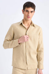100% Linen Regular Fit Polo Collar Summer Long Sleeve Shirt