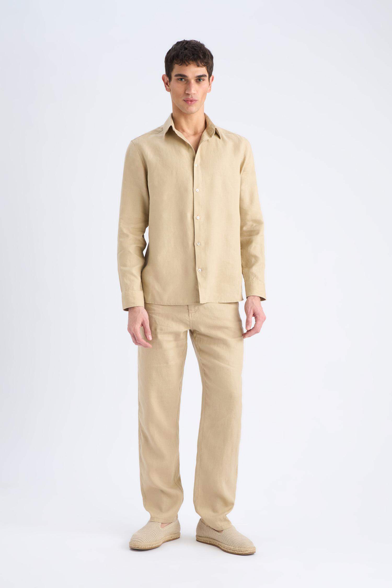 100% Linen Regular Fit Polo Collar Summer Long Sleeve Shirt