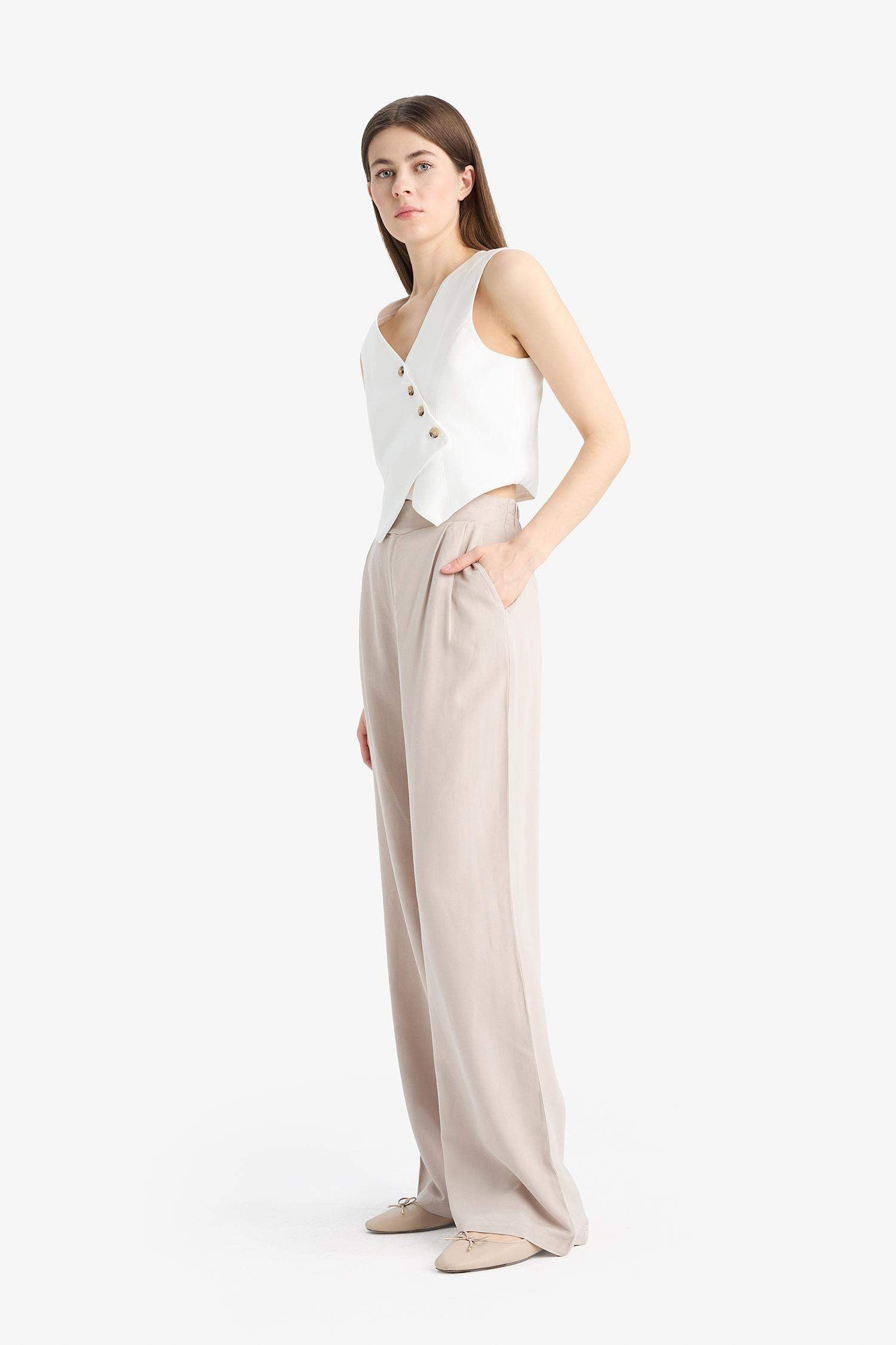 Wide Leg Linen Blend Fabric Trousers