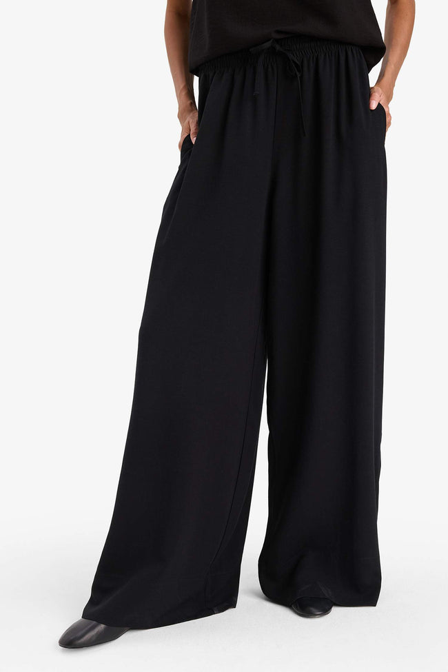 Wide Leg High Waist Linen Blend Fabric Trousers Main Image