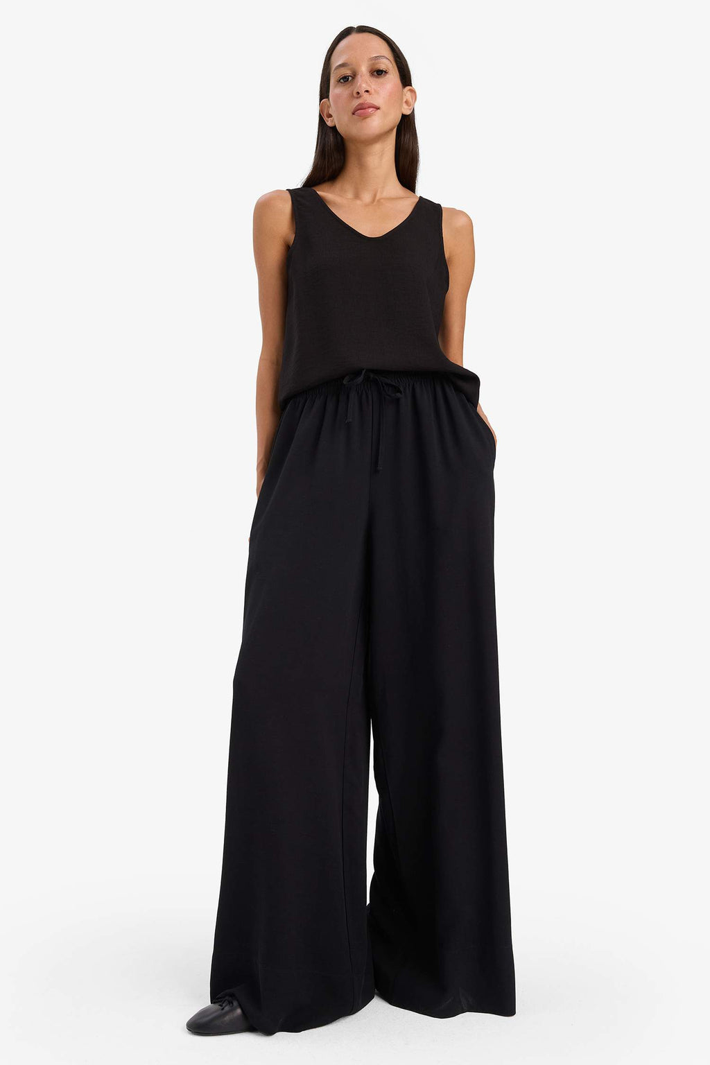 Wide Leg High Waist Linen Blend Fabric Trousers