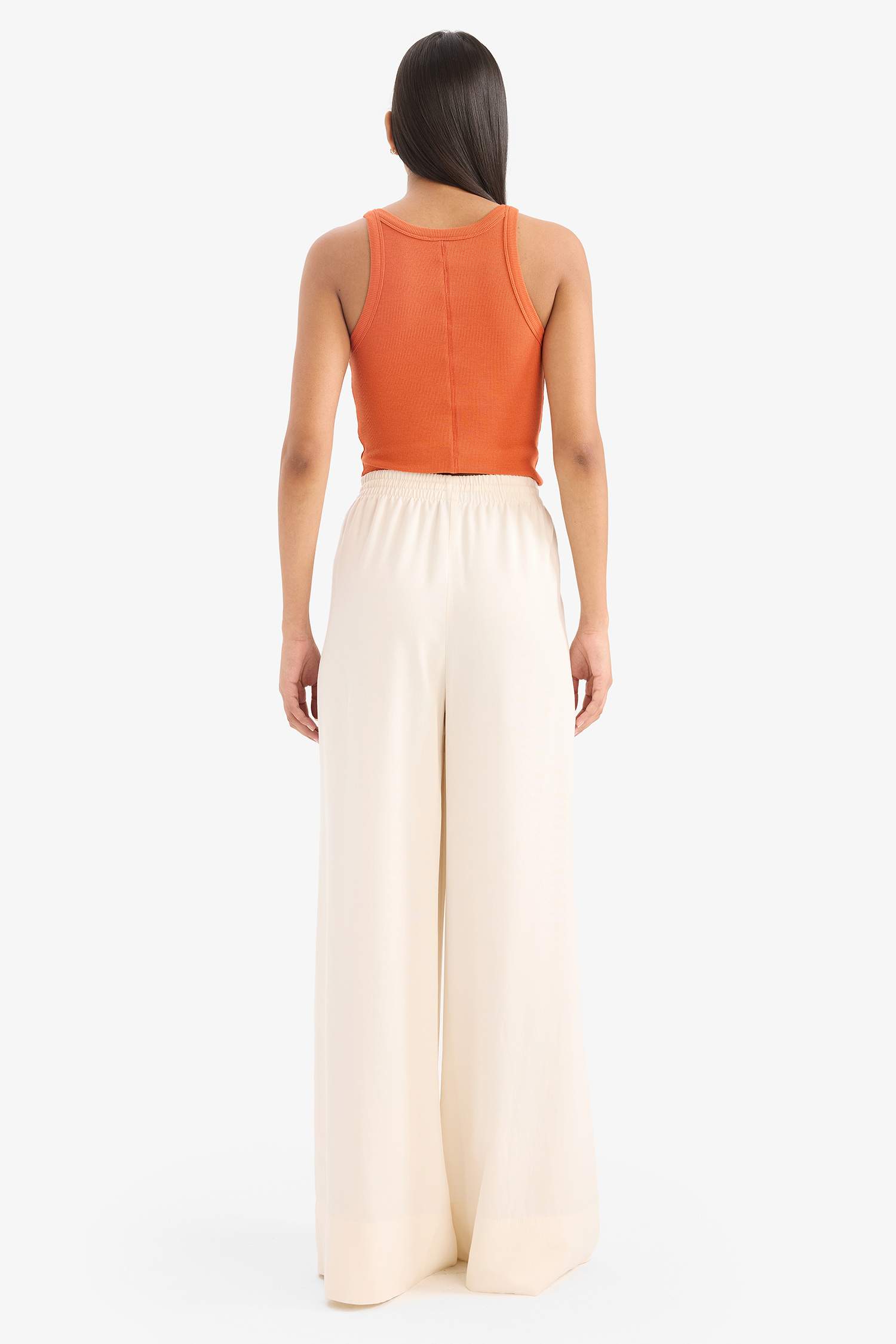 Wide Leg High Waist Linen Blend Fabric Trousers