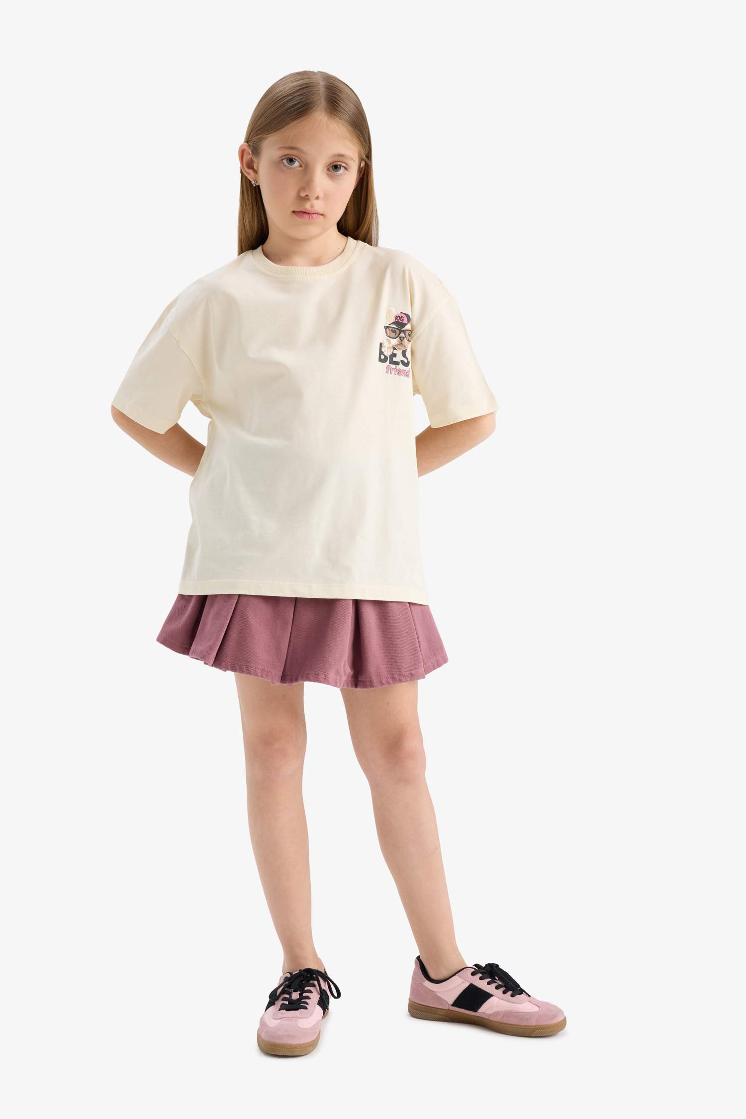 Girl Oversize Wide Pattern Crew Neck Back Printed Short Sleeve T-Shirt