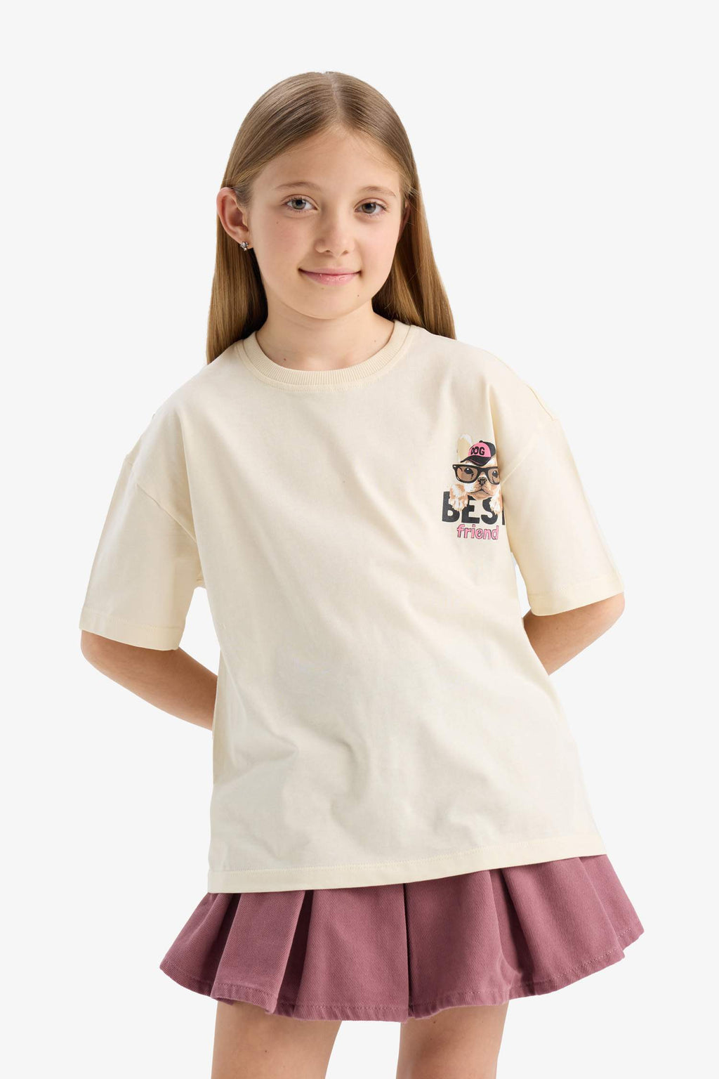 Girl Oversize Wide Pattern Crew Neck Back Printed Short Sleeve T-Shirt