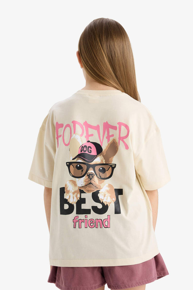Girl Oversize Wide Pattern Crew Neck Back Printed Short Sleeve T-Shirt Main Image