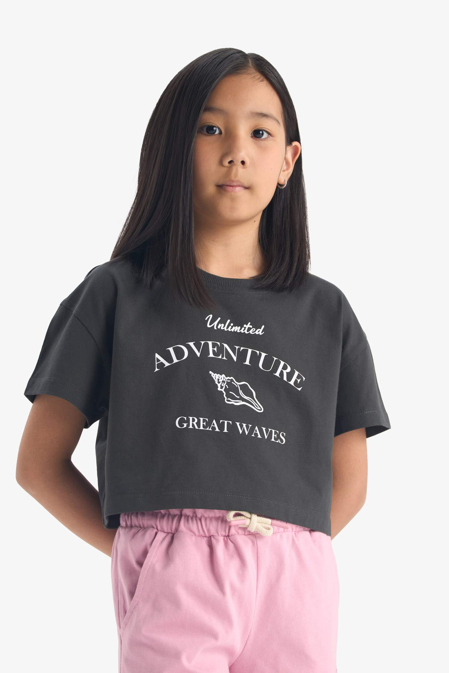 Girls Crop Crew Neck Printed Short Sleeve T-Shirt